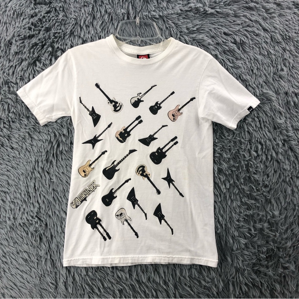 Quicksilver Tshirt Boys Small Spellout Guitars White Short Sleeve Shirt